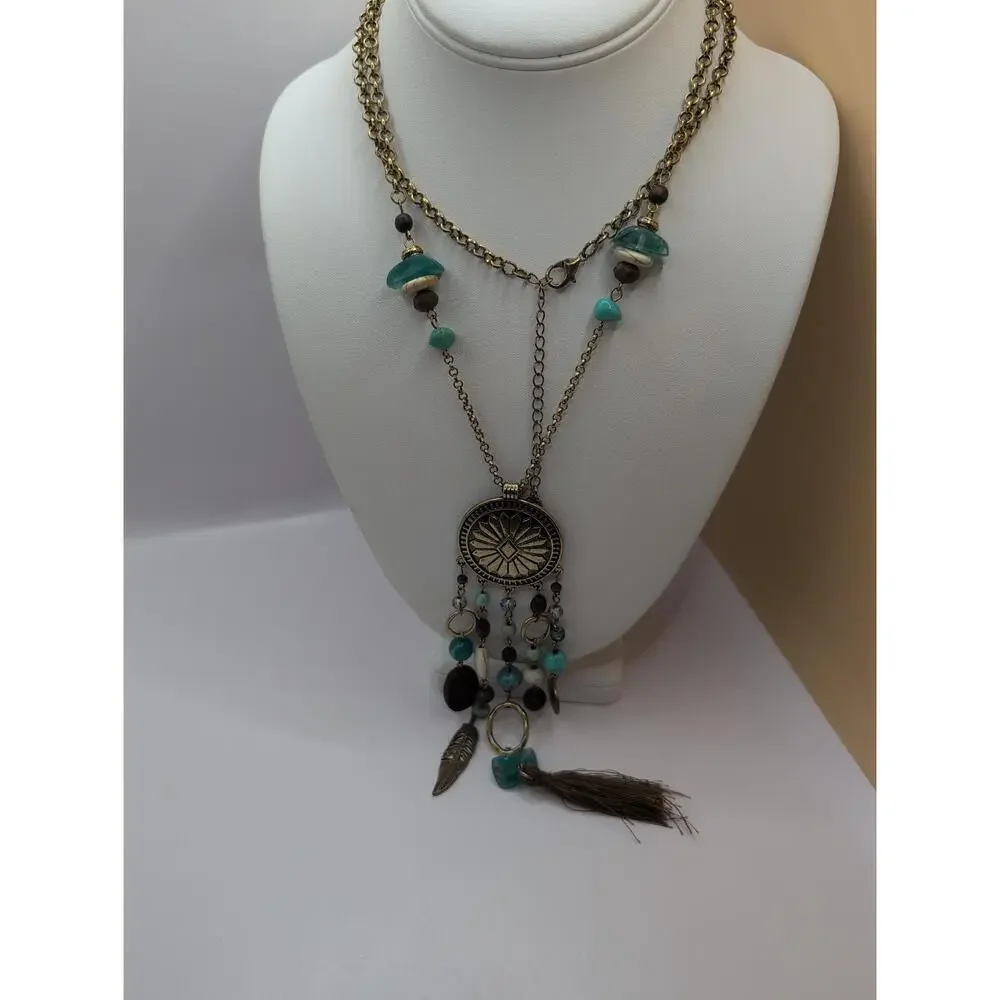 Vintage 1946 Turquoise Fringe Tassel Fabric Charm Beaded Necklace